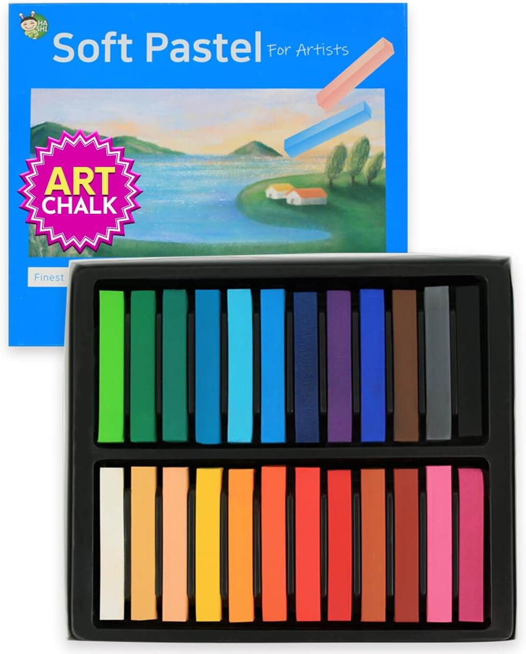 24 Assorted Colors Non Toxic Art Supplies, Square Charcoal,Soft Chalk Pastels